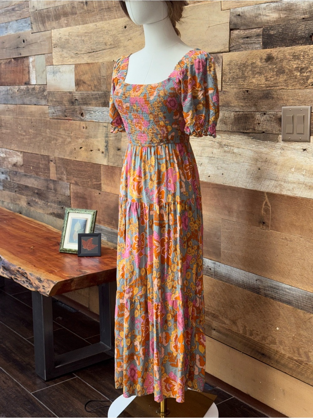 ZESICA Floral Puff Sleeve Smocked Tiered Maxi Dress Boho Cottagecore Small EUC